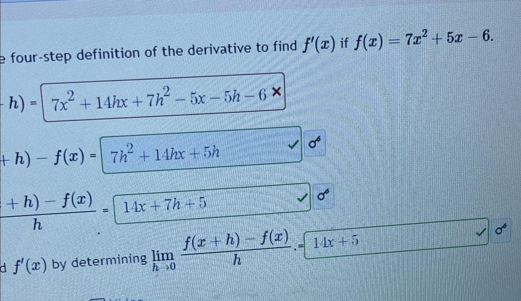 Solved four-step definition of the derivative to find f'(x) | Chegg.com