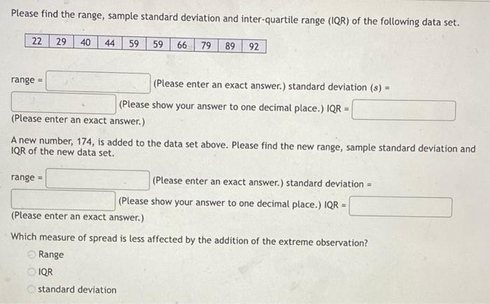 Solved Please find the range, sample standard deviation and | Chegg.com