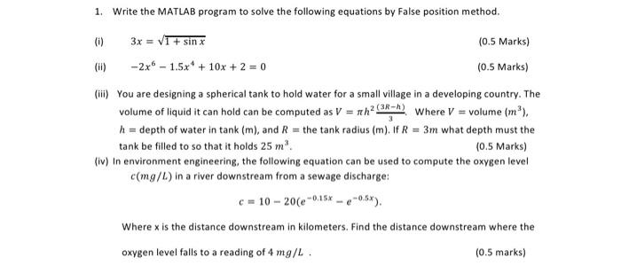 Solved 1. Write the MATLAB program to solve the following | Chegg.com