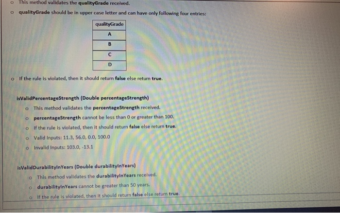 • o This method validates the qualityGrade received. quality Grade should be in upper case letter and can have only following