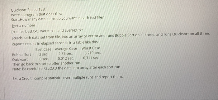 Solved Quicksort Speed Test Write a program that does this: | Chegg.com