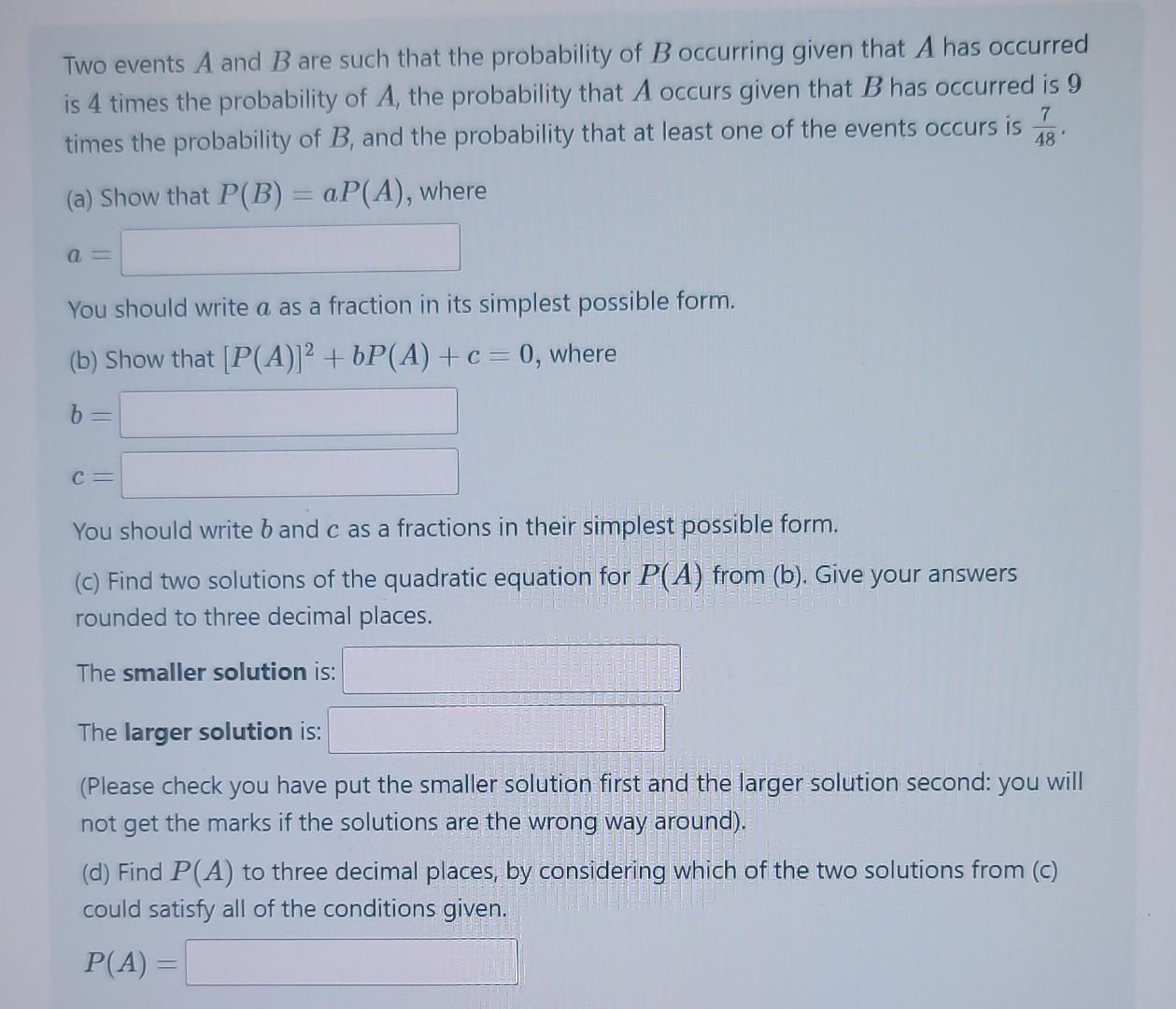 Solved Two Events A And B Are Such That The Probability Of B | Chegg.com