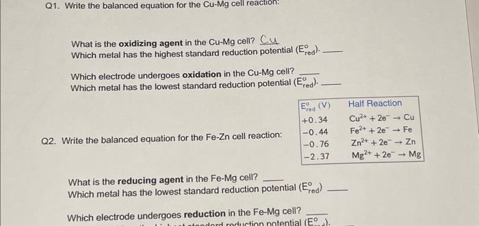 What is the oxidizing agent in the Cu-Mg cell? Cu Which metal has the highest standard reduction potential ( \( \left.E_{\tex