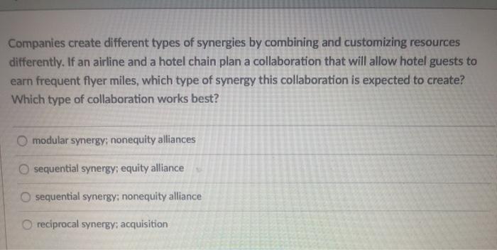Solved Companies create different types of synergies by | Chegg.com