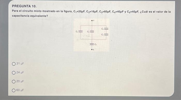 ara el circuito mixto mostrado en la figura, \( \mathrm{C}_{1}=20 \mu \mathrm{F}, \mathrm{C}_{2}=16 \mu \mathrm{F}, \mathrm{C