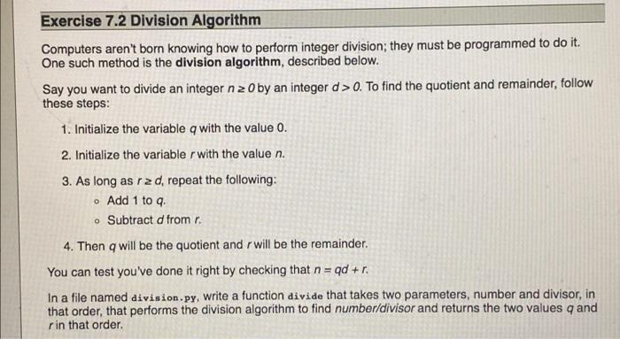 Solved Exercise 7.2 Division Algorithm Computers aren't born | Chegg.com