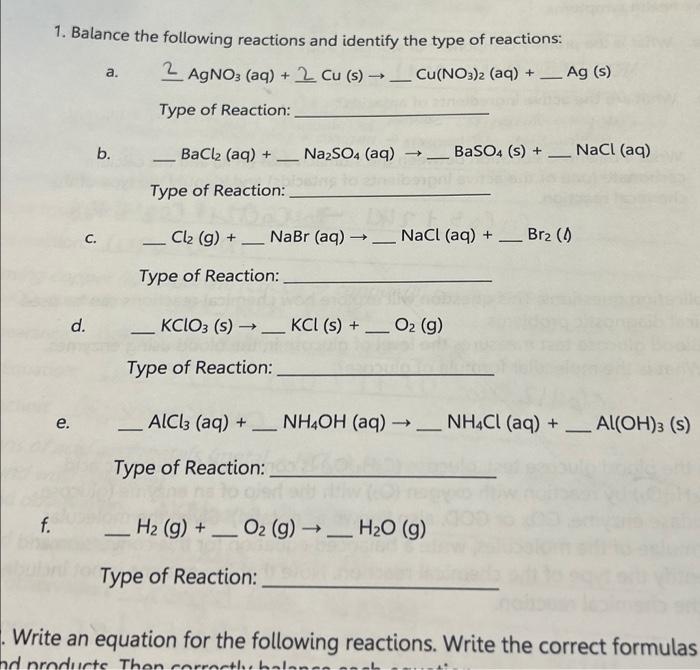 Solved f. 1. Balance the following reactions and identify | Chegg.com