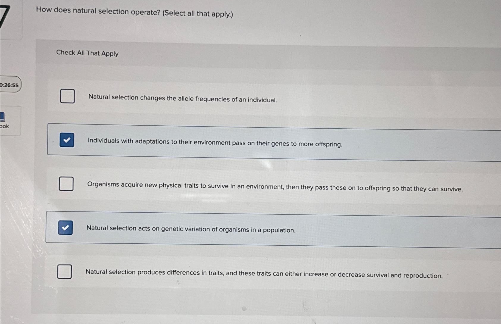 Solved How does natural selection operate? (Select all that