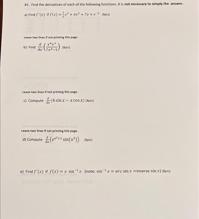 Solved Find derivatives of each of the following functions. | Chegg.com