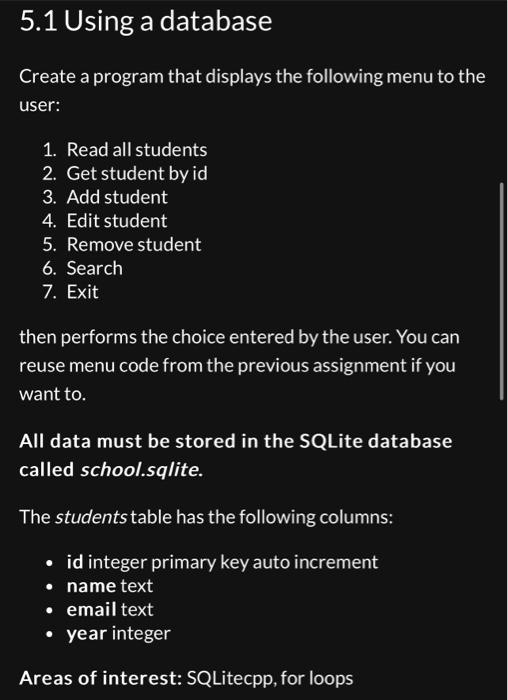Solved 5.1 Using a database Create a program that displays | Chegg.com