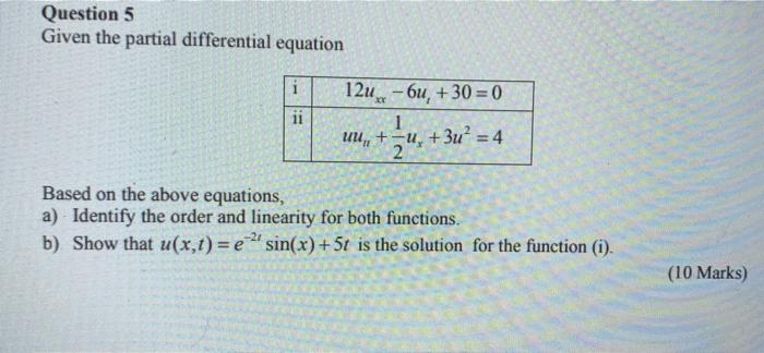 Solved Question 5 Given the partial differential equation 1 | Chegg.com