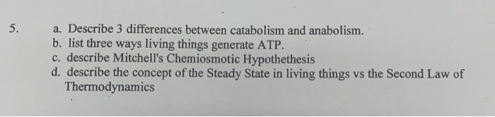 Solved 5. a. Describe 3 differences between catabolism and | Chegg.com
