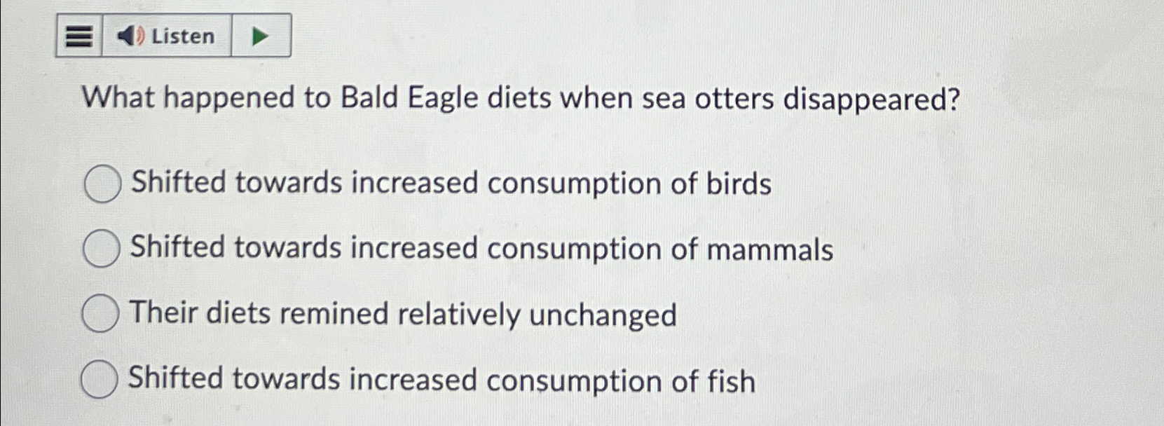 Solved What happened to Bald Eagle diets when sea otters | Chegg.com
