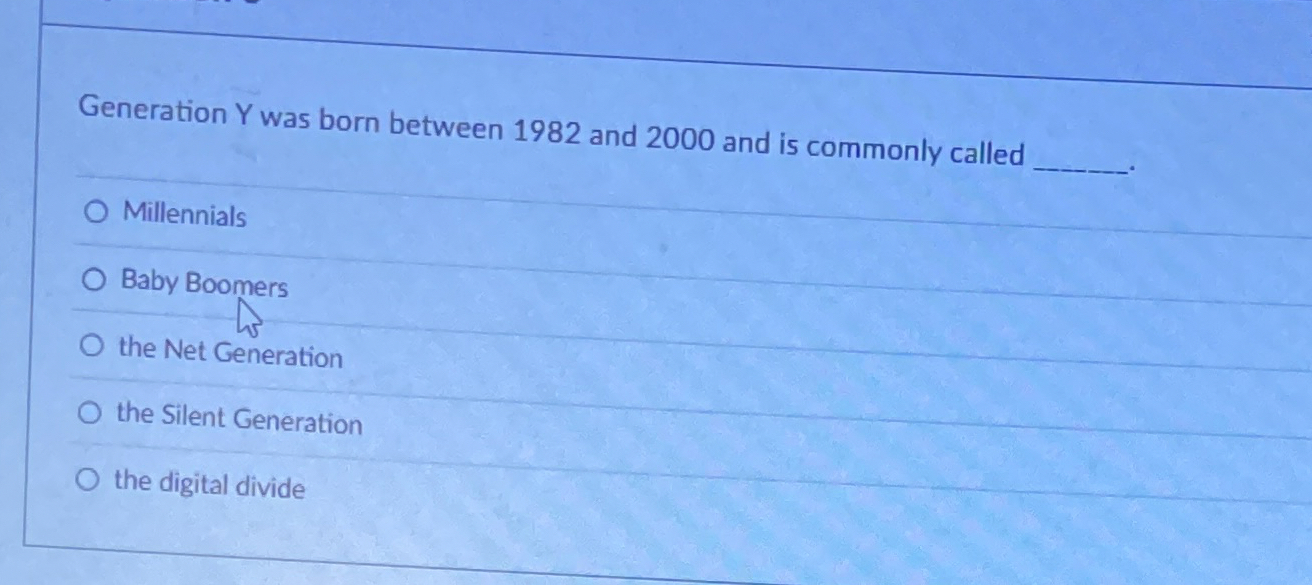 Solved Generation Y ﻿was born between 1982 ﻿and 2000 ﻿and is | Chegg.com