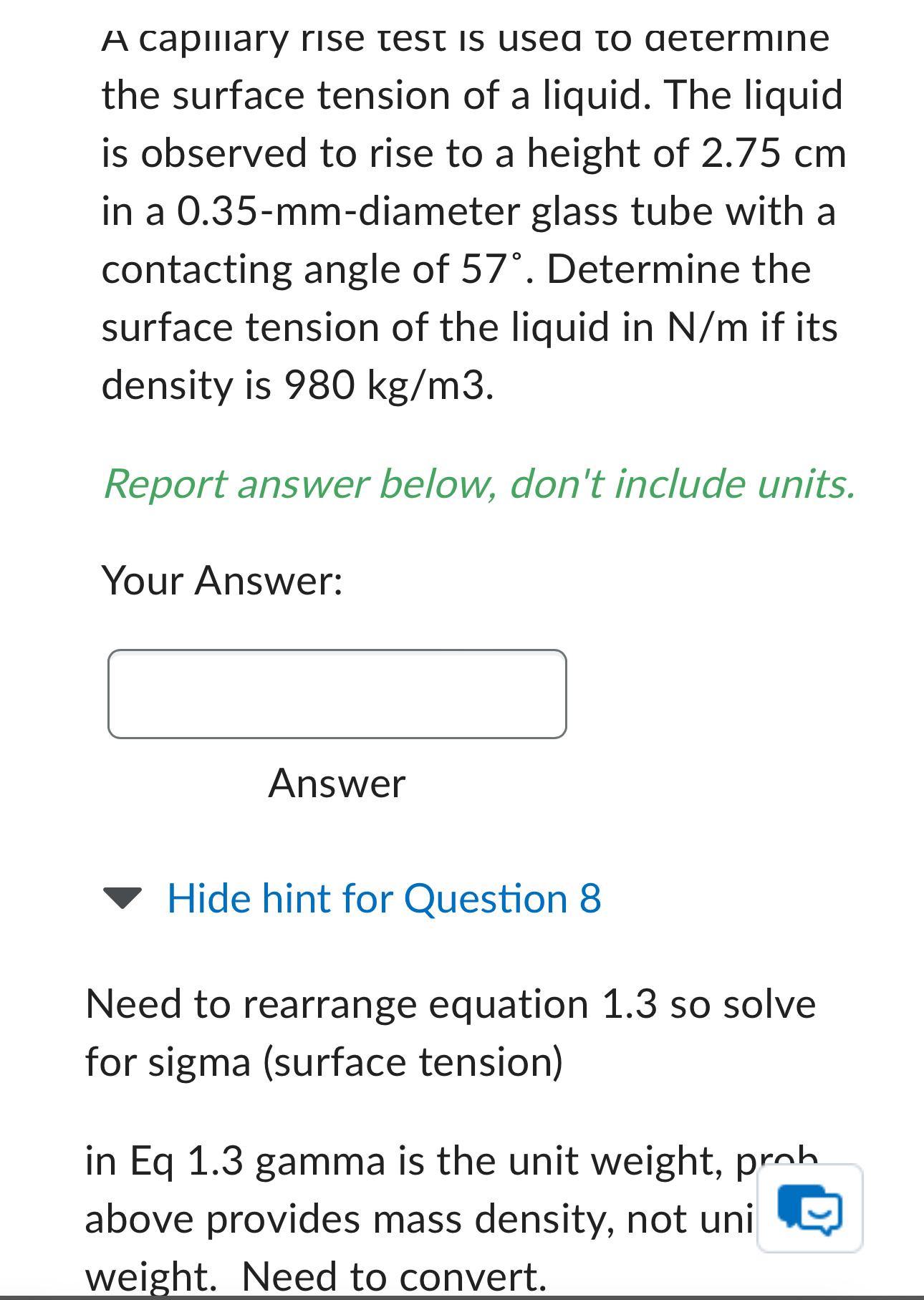 Solved A capillary rise test is used to determine the | Chegg.com