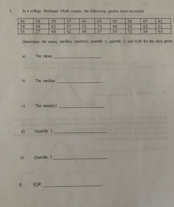 Freshmen Math Question Solved 1. In a college freshman Math course, the following | Chegg.com