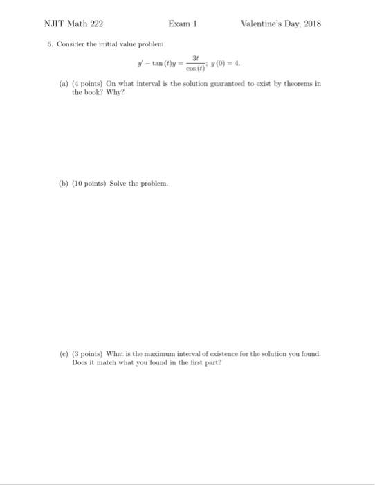 Solved NJIT Math 222 Exam 1 Valentine's Day, 2018 5.