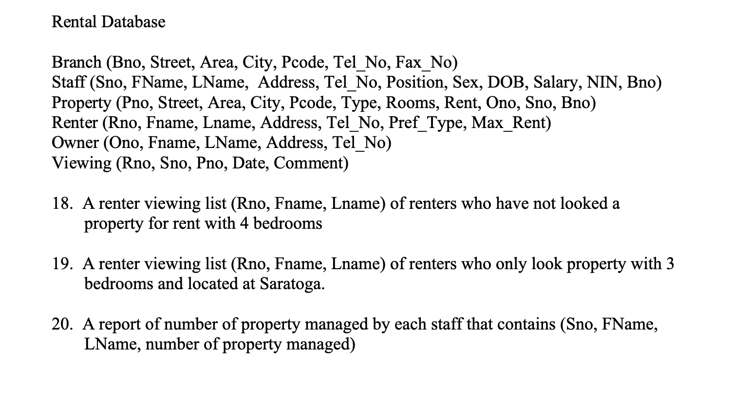 Rent Database Address Rental DatabaseBranch (Bno, Street, Area, City, | Chegg.com