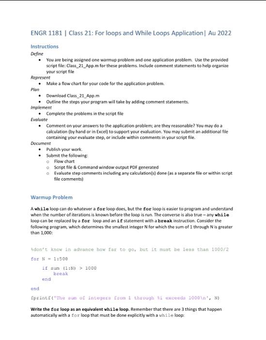 Solved ENGR 1181 | Class 21: For loops and While Loops | Chegg.com
