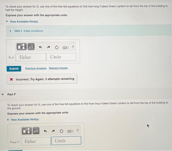 To check your answer for \( h \), use one of the free-fall equations to find how long it takes Green Lantern to fall from the