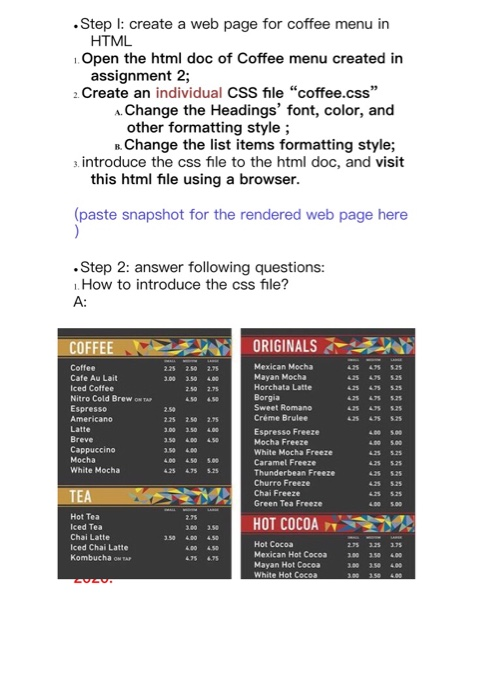 Solved Step l: create a web page for coffee menu in HTML | Chegg.com