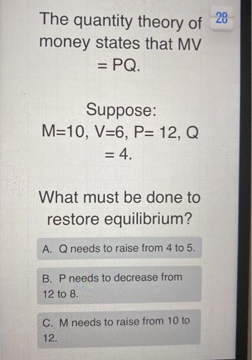 Solved 28 The quantity theory of money states that MV = PQ. | Chegg.com