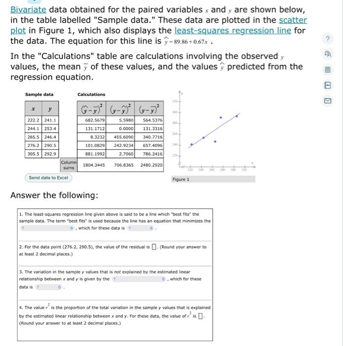 Bivariate data obtained for the paired variables \( x \) and \( y \) are shown below, in the table labelled Sample data. Th