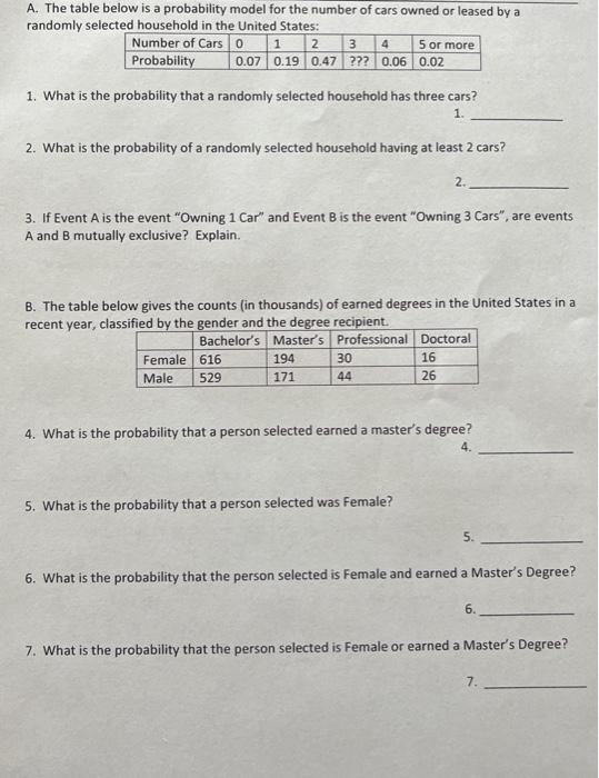 Solved A. The table below is a probability model for the | Chegg.com