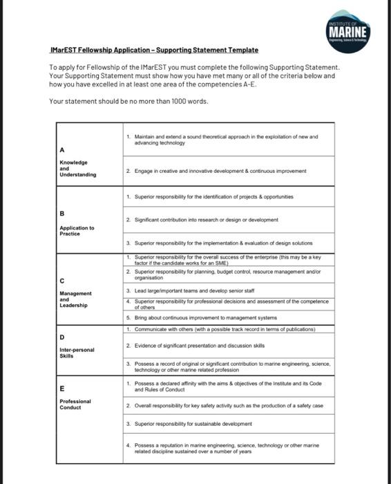 MarEST Fellowship Application - Supporting Statement | Chegg.com