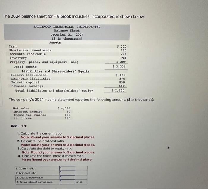 Solved The 2024 Balance Sheet For Hallbrook Industries Chegg Com   Image