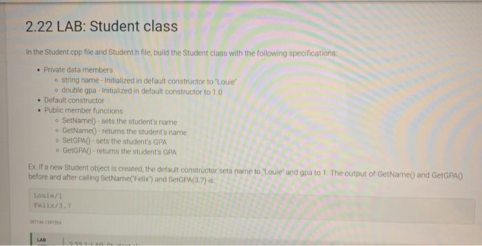 Solved 2.22 LAB: Student class In the Student.cpp file and | Chegg.com