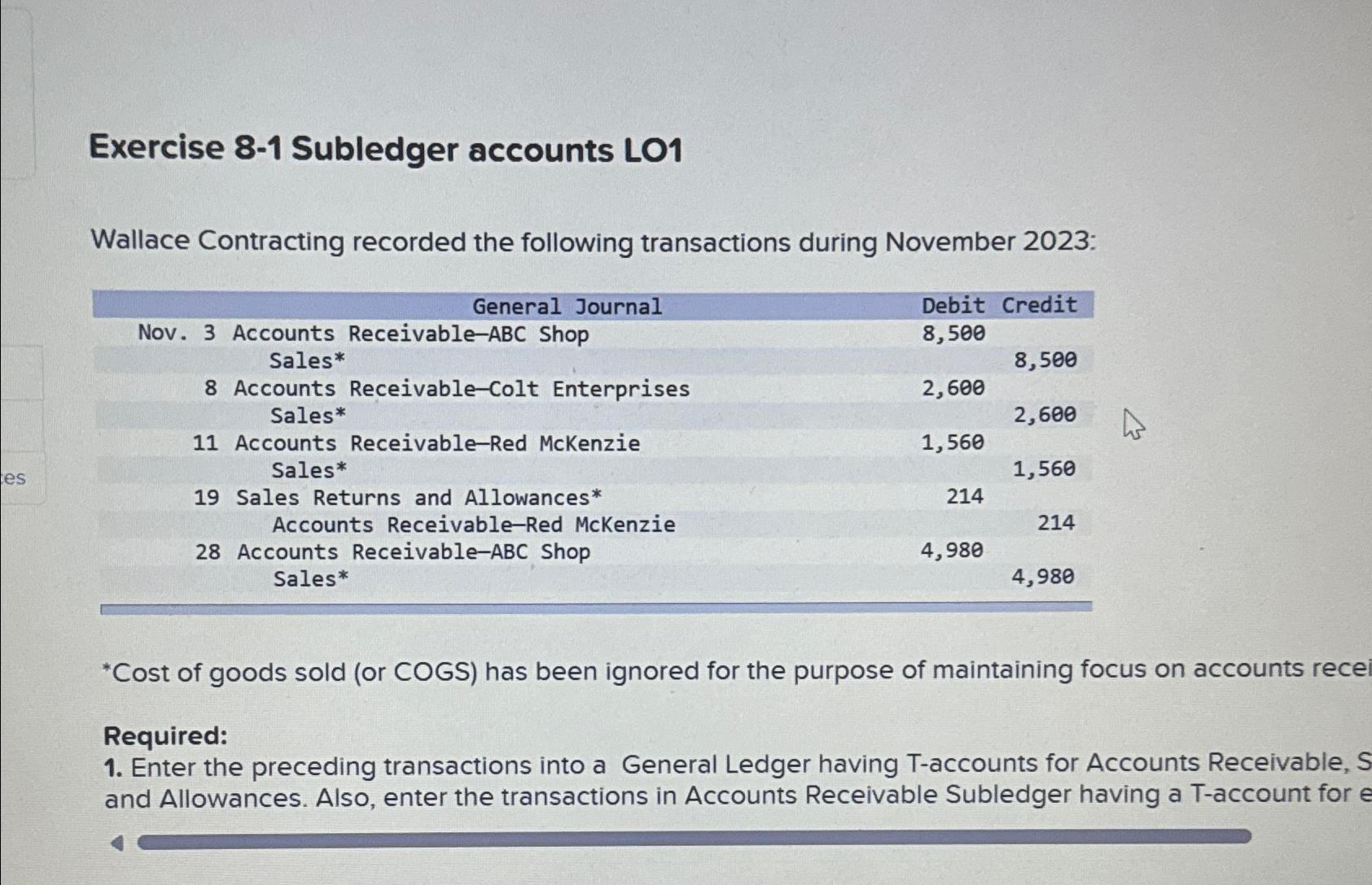 Solved Exercise 8-1 ﻿Subledger accounts LO1Wallace | Chegg.com