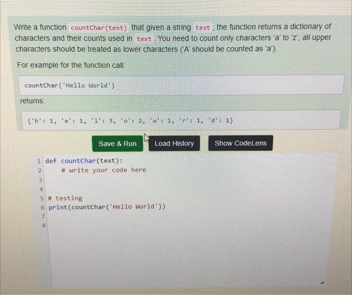 Solved Write a function countchar(text) that given a string | Chegg.com