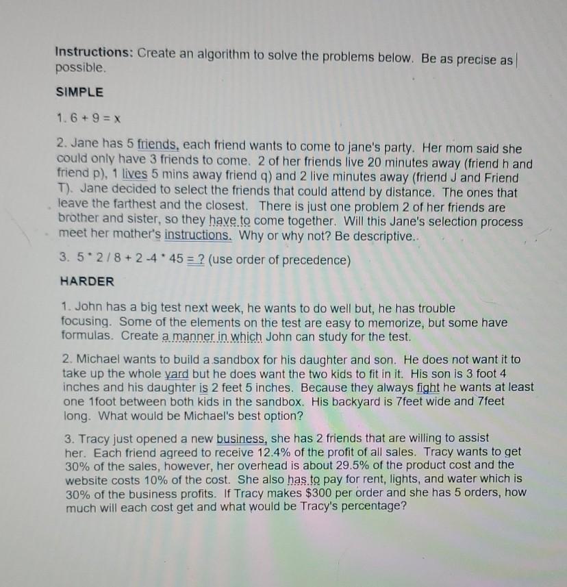 Solved create and algorithm for the following create an | Chegg.com