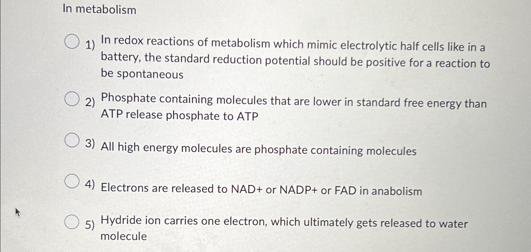 Solved In metabolism 1) ﻿In redox reactions of metabolism | Chegg.com