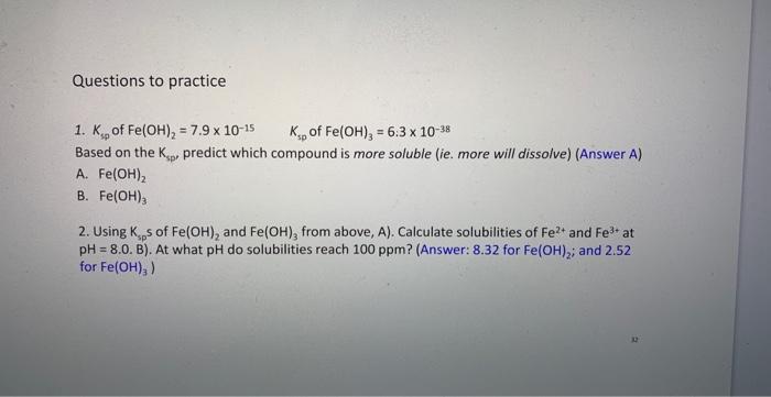 2. Using KspS of Fe(OH)2 and Fe(OH)3 from above, A). | Chegg.com