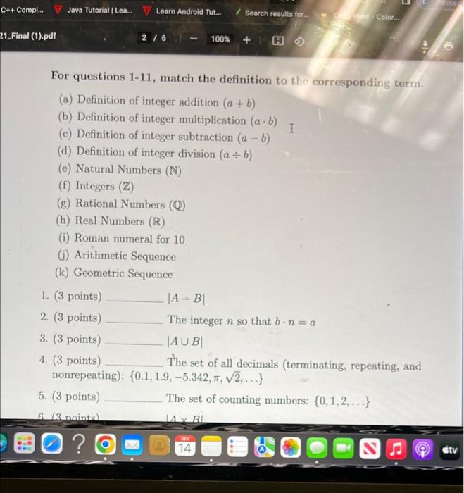 Solved For Questions 1-11, Match The Definition To The | Chegg.com