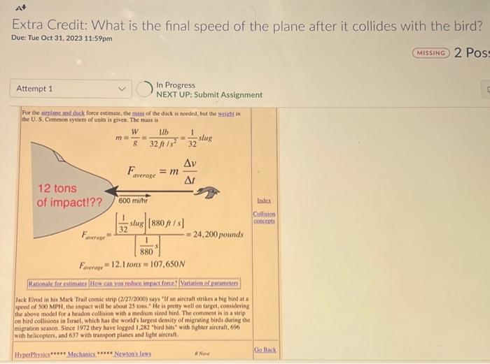 Solved Extra Credit What is the final speed of the plane