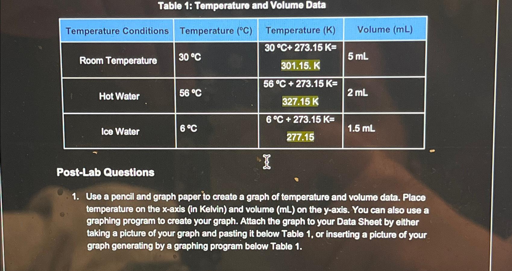 Solved Table 1: Temperature And Volume | Chegg.com