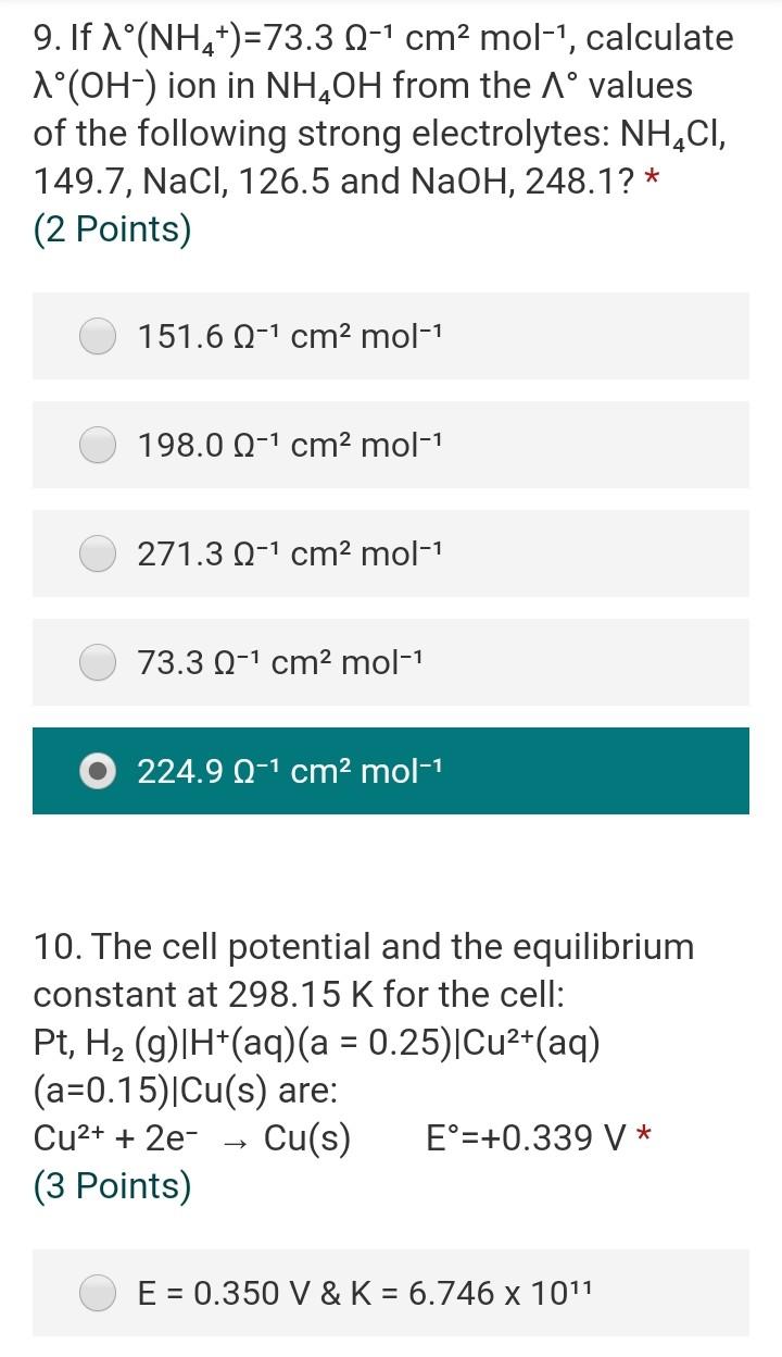 Solved 9 If Nh4 73 3 1 1 Cm2 Mol Calculate 1 Oh Chegg Com