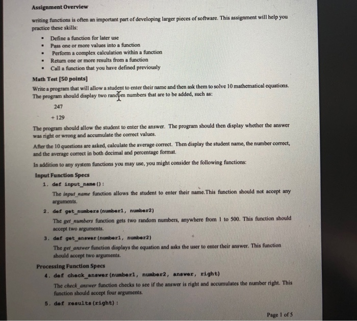 Solved . Assignment Overview writing functions is often an | Chegg.com