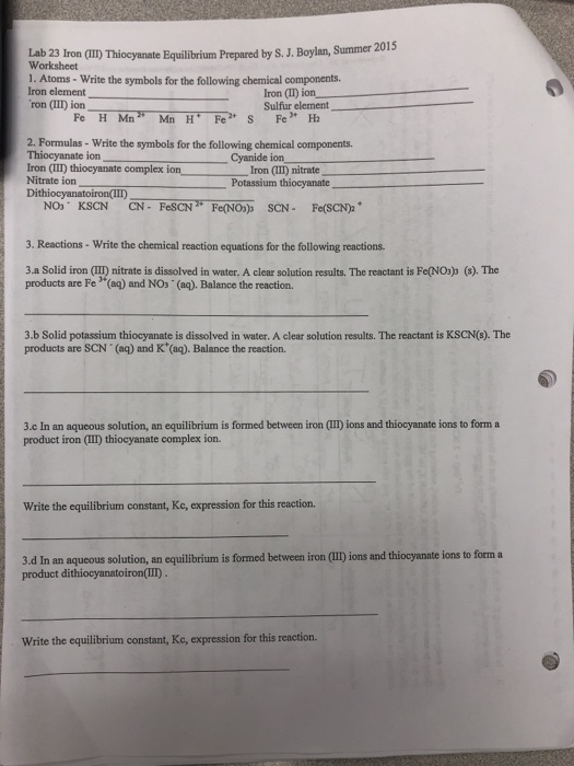 Solved Lab 23 Iron (III) Thiocyanate Equilibrium Prepared by
