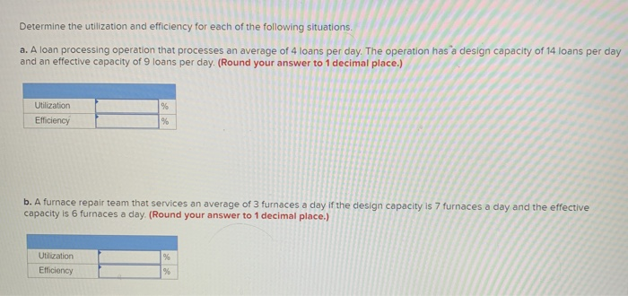 Solved Determine the utilization and efficiency for each of | Chegg.com