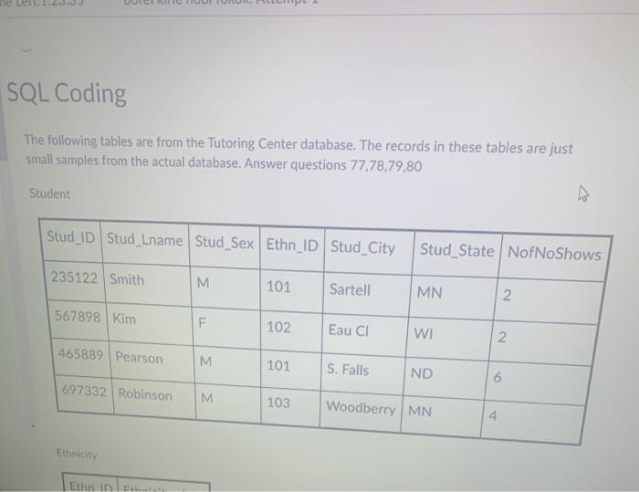 Solved SQL Coding The following tables are from the Tutoring | Chegg.com
