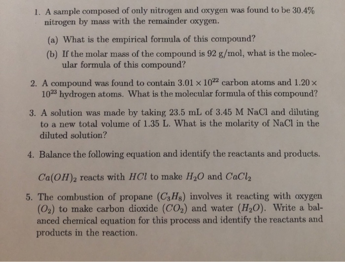 Solved 1. A sample composed of only nitrogen and oxygen was | Chegg.com