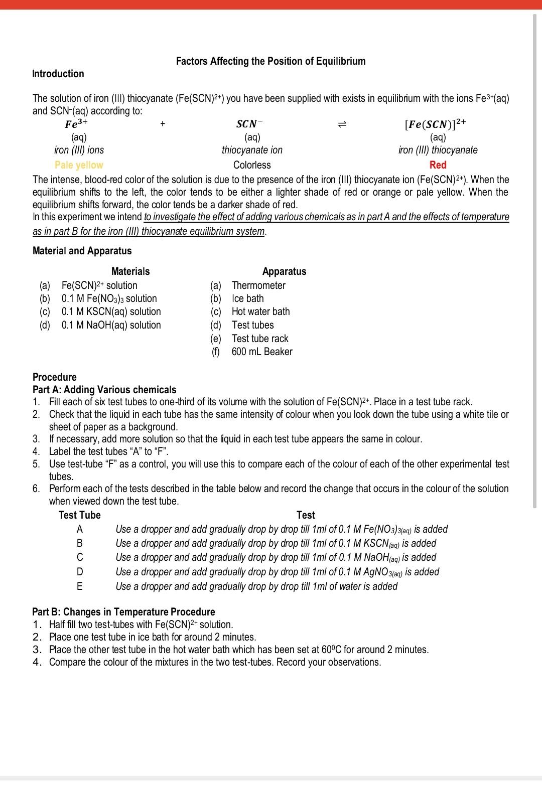 Solved Introduction The solution of iron (III) thiocyanate