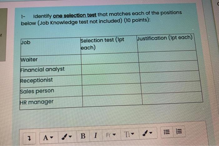 Solved Identify one selection test that matches each of the | Chegg.com