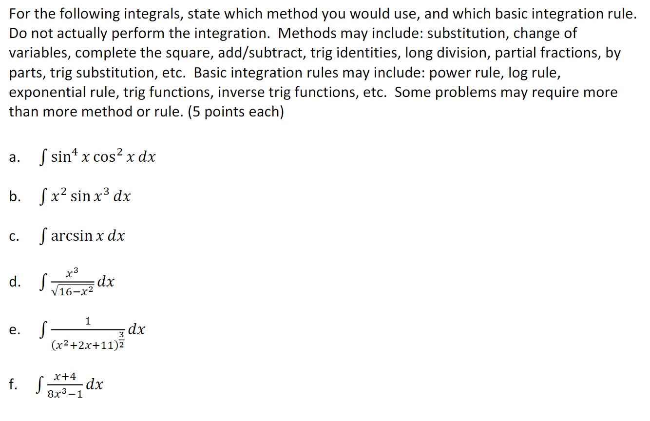 Solved For the following integrals, state which method you | Chegg.com