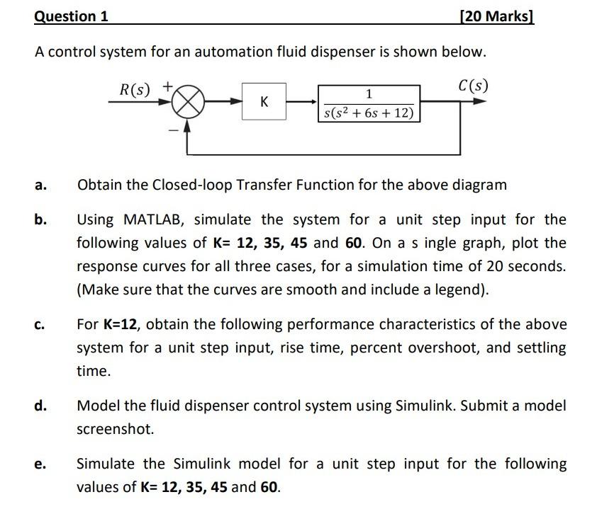 Solved [20 Marks] Question 1 A control system for an | Chegg.com