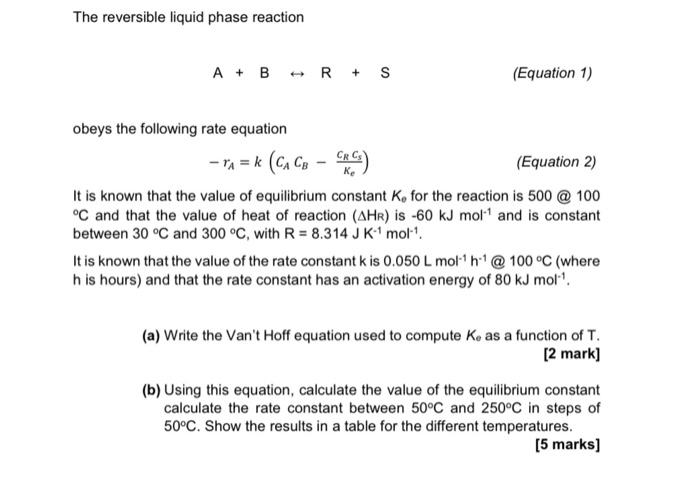 Solved The Reversible Liquid Phase Reaction A+B↔B+B | Chegg.com